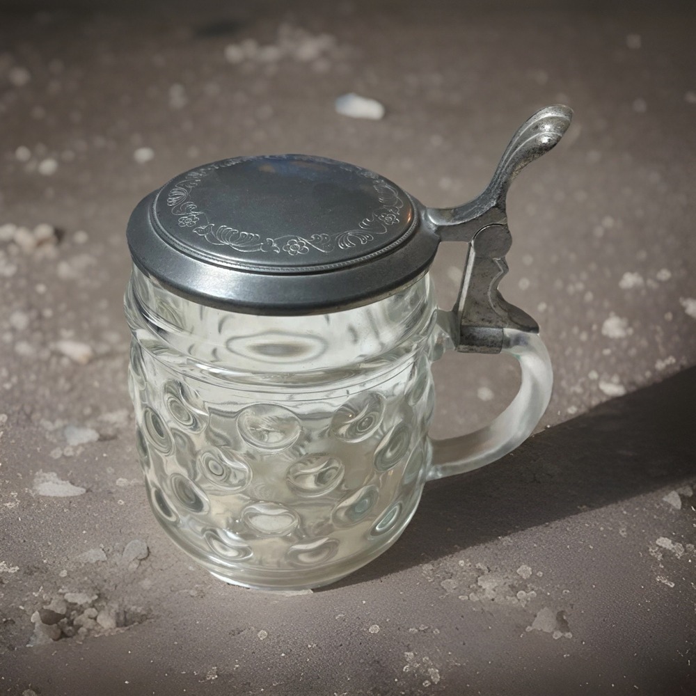 BMF German Glass Lidded Stein with Pewter Lid Breweriana Collectible Germany